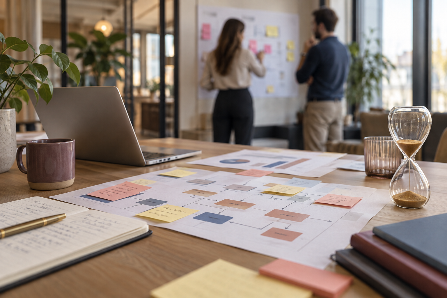 Werktafel met procesdiagram en zandloper